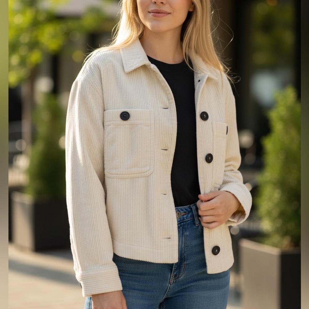 Zara Cream Corduroy Cropped Shirt Trucker Jacket Size XSmall